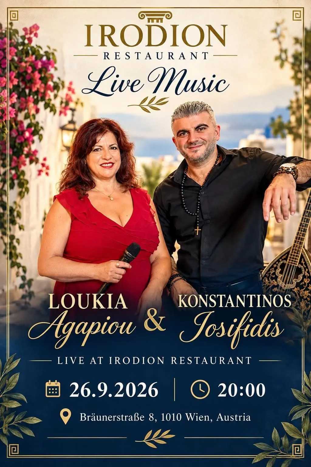 Poster for Loukia Agapiou and Konstantinos Iosifidis live at Irodion Restaurant in Vienna on September 26, 2026