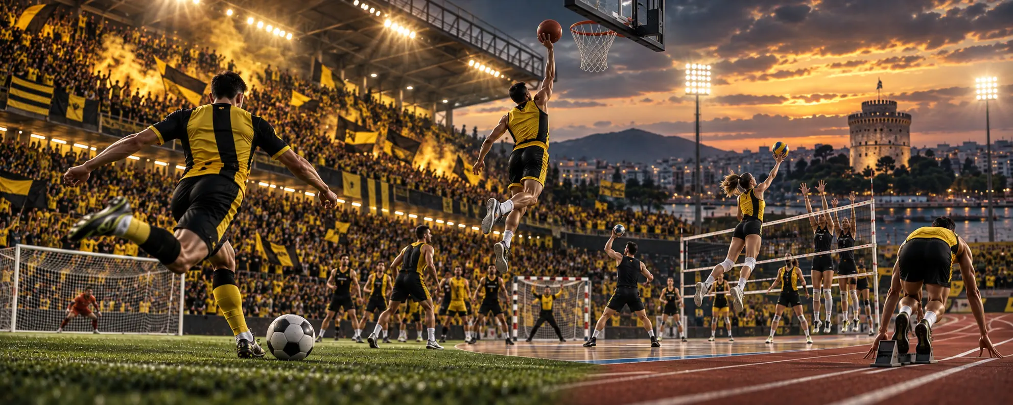 AI-generated ARIS sports cover with yellow and black supporters and athletes from multiple sports