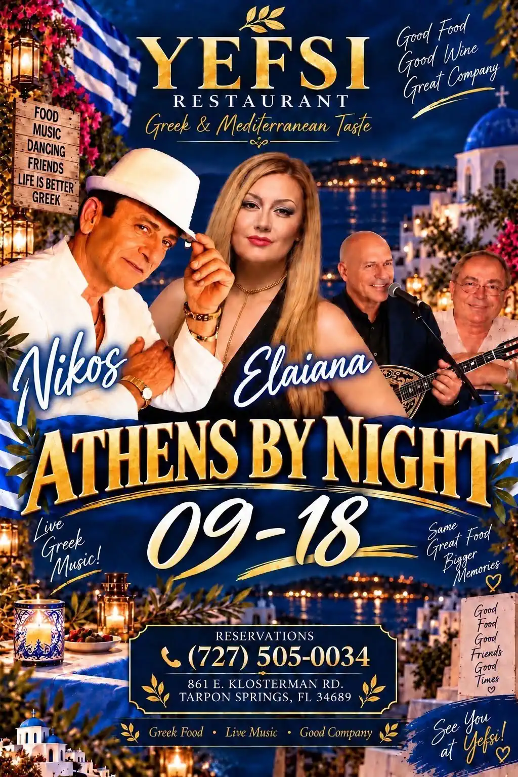 Athens by Night live Greek music event with Nikos and Elaiana at Yefsi Restaurant in Tarpon Springs