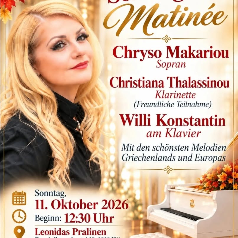 Poster for the Sunday Autumn Matinée in Vienna on October 11, 2026, featuring Chryso Makariou, Christiana Thalassinou and Willi Konstantin