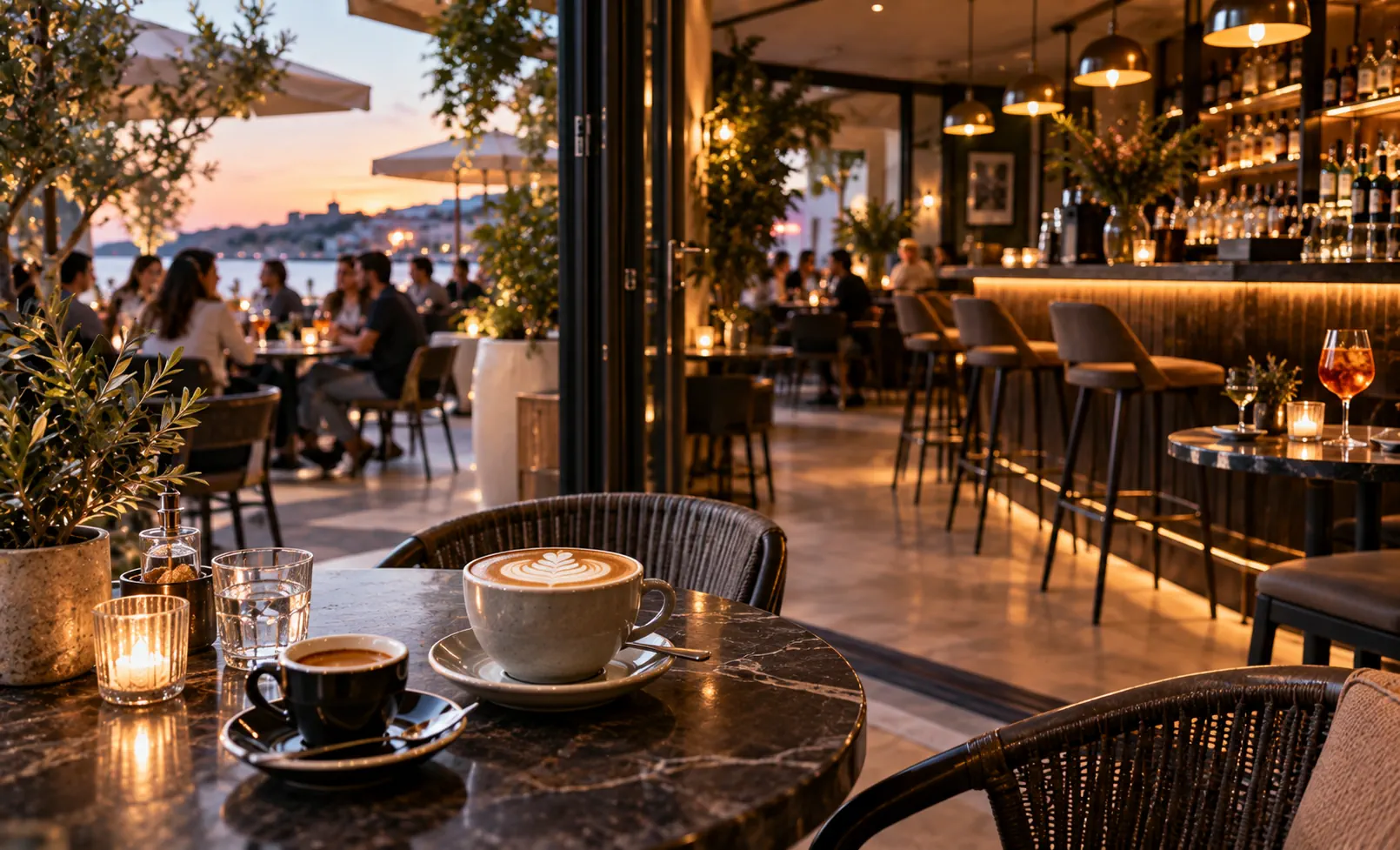 Contemporary café-bar transitioning from coffee service to an evening atmosphere