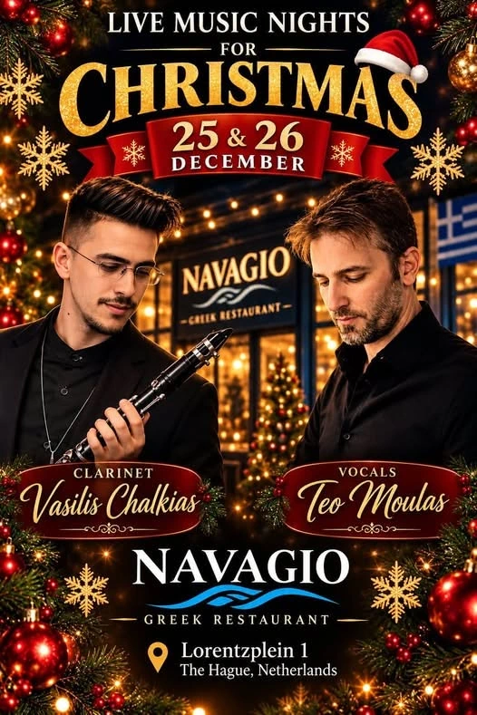 Christmas live music nights poster featuring Vasilis Chalkias and Teo Moulas at Navagio Greek Restaurant in The Hague