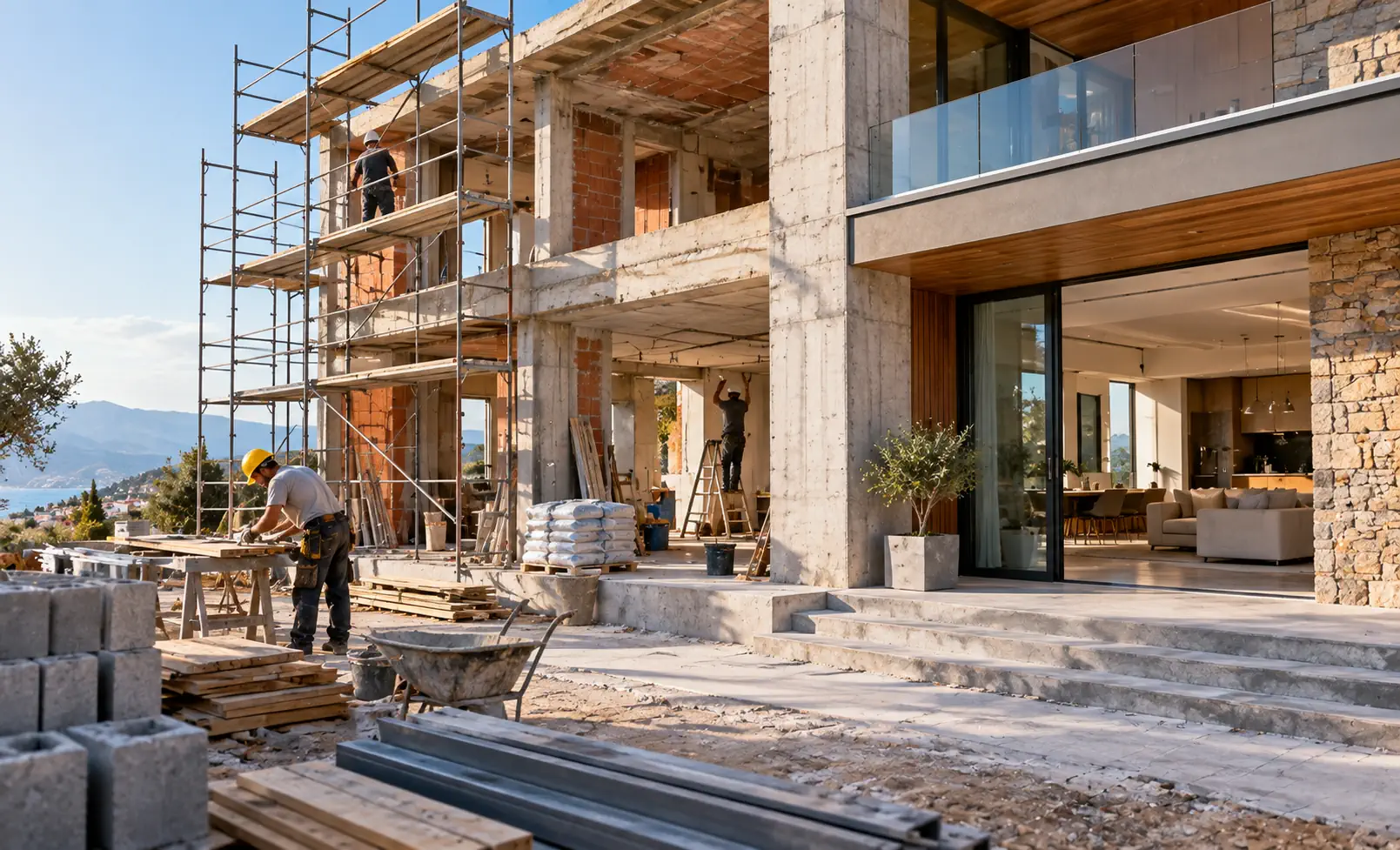 Building undergoing construction and renovation with professionals working on site