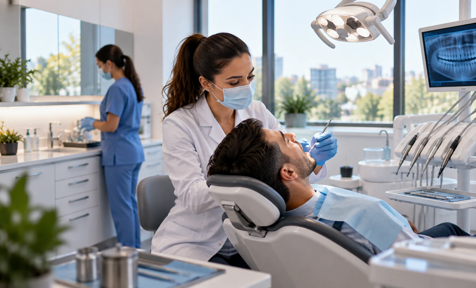 Female dentist examining an adult patient in a modern dental clinic