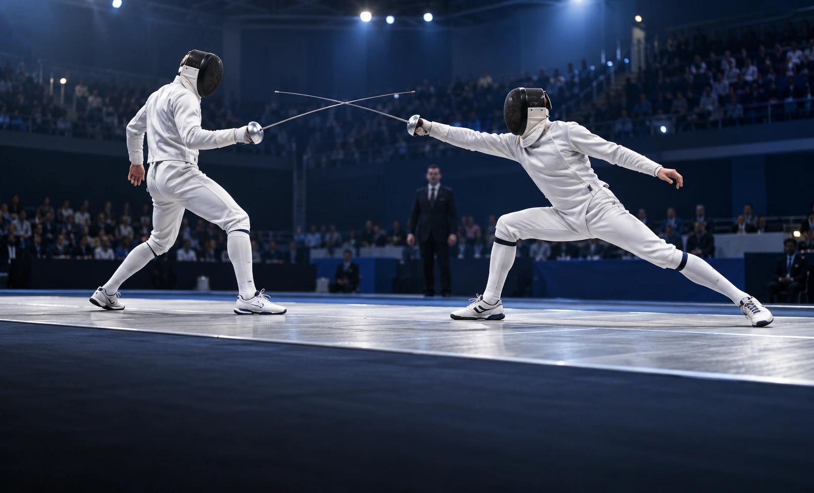Two fencers competing during a professional indoor fencing bout