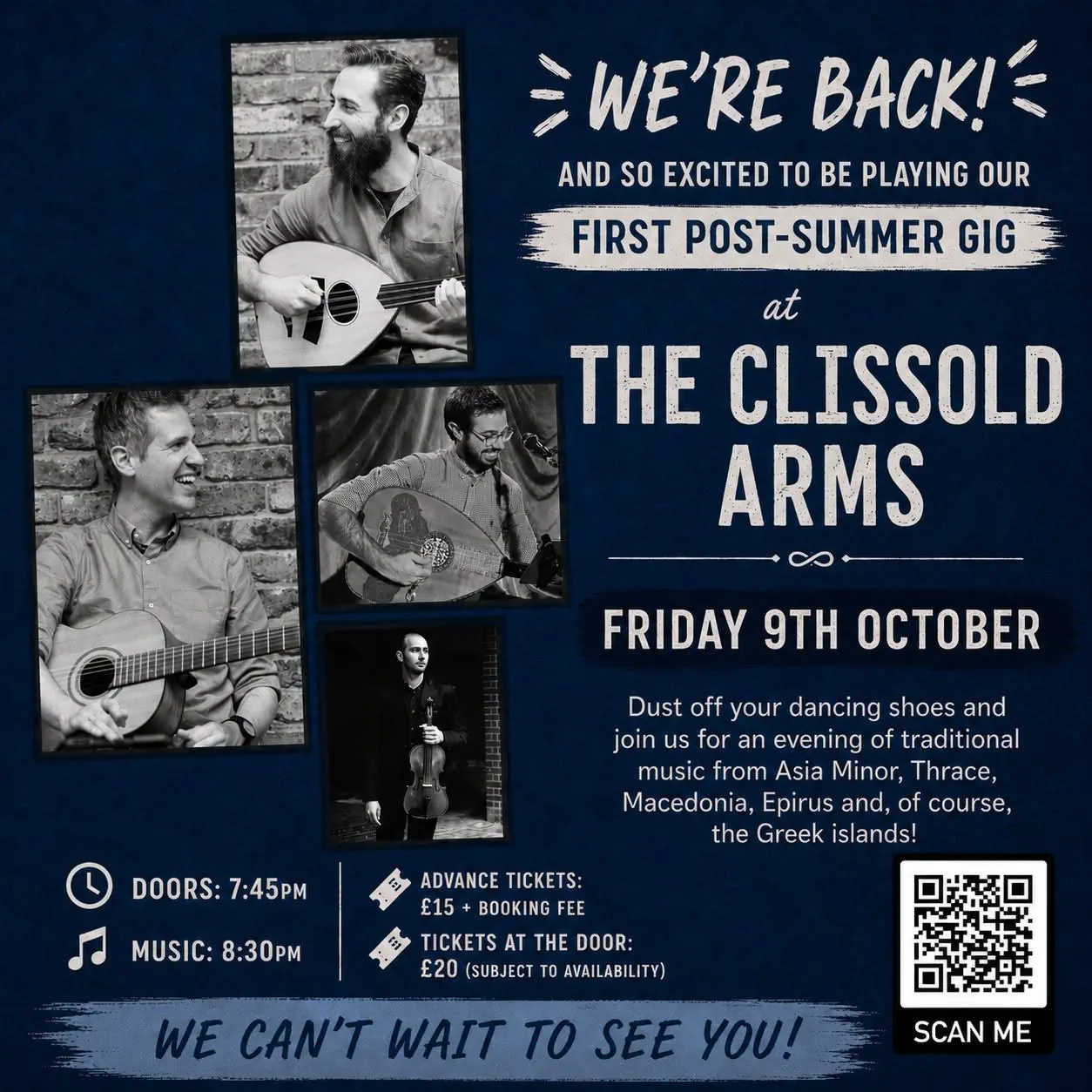 Poster for a traditional Greek music night at The Clissold Arms in London on October 9, 2026