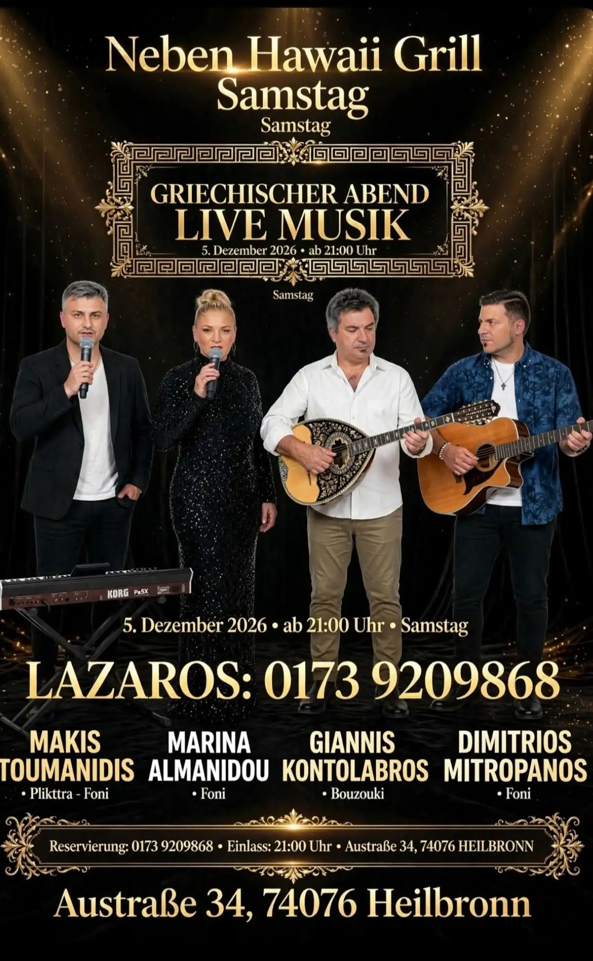 Poster for Greek Night Live Music at Neben Hawaii Grill in Heilbronn on December 5, 2026