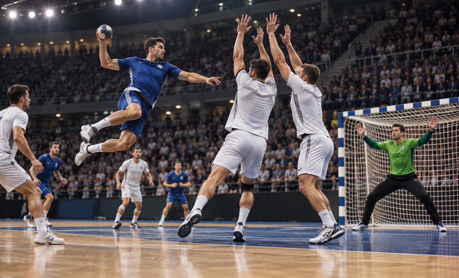 Handball player taking an airborne shot during a professional indoor match