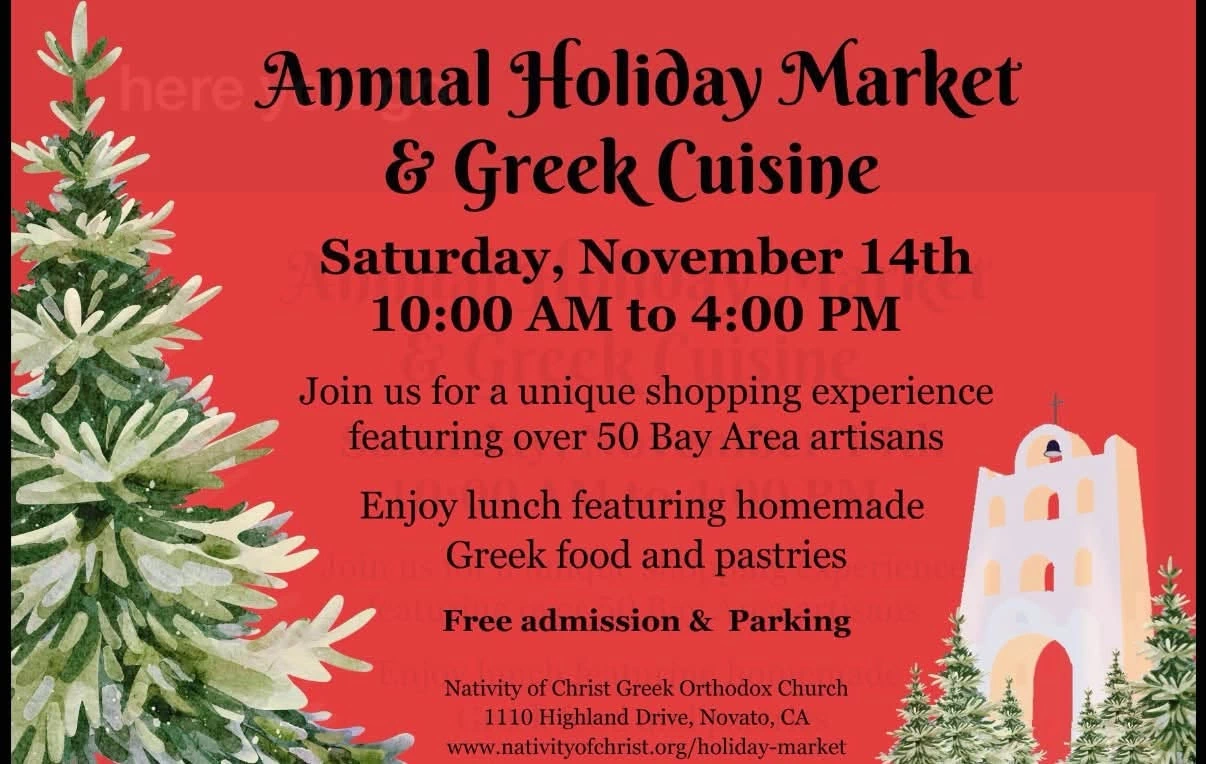 Poster for the Annual Holiday Market and Greek Cuisine in Novato on November 14, 2026