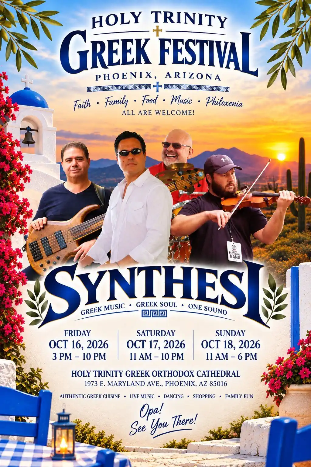 Poster for the Holy Trinity Greek Festival in Phoenix featuring Synthesis, October 16–18, 2026