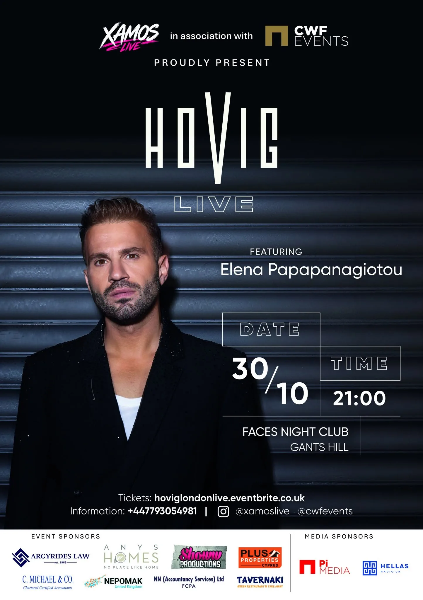 Poster for Hovig Live in London at Faces Night Club on October 30, 2026