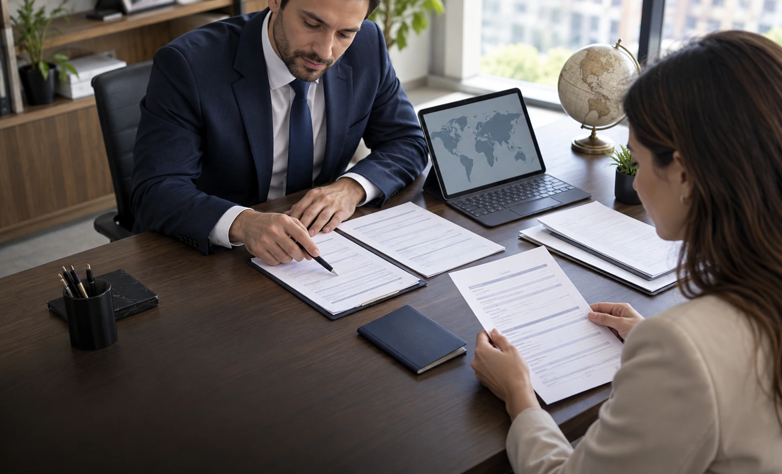 Immigration professional assisting a client with international application documents