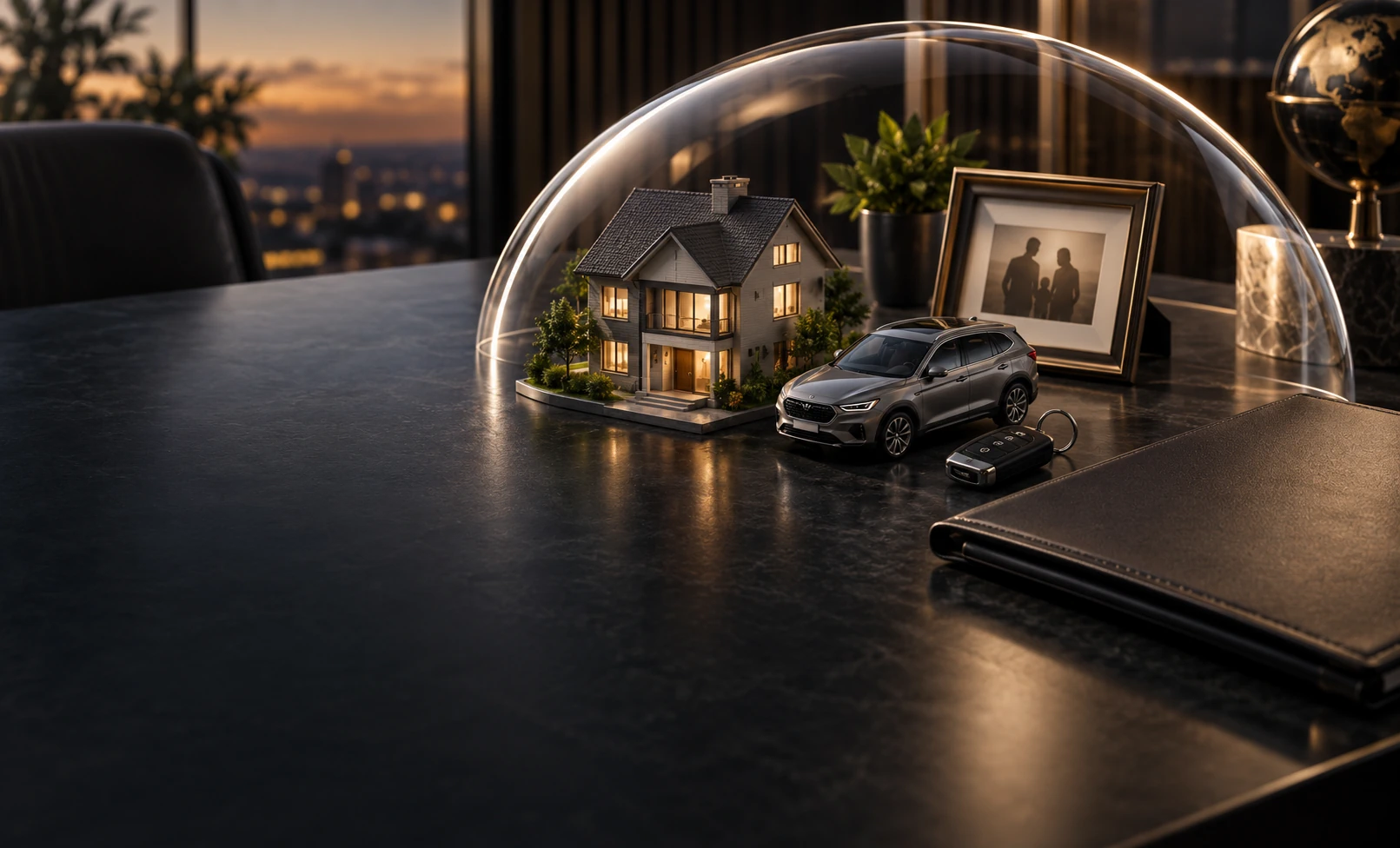 Conceptual arrangement representing protection of home, vehicle, family and assets