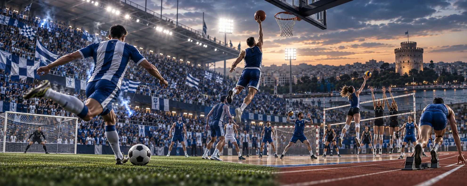 AI-generated Iraklis sports cover with blue and white supporters and athletes from multiple sports