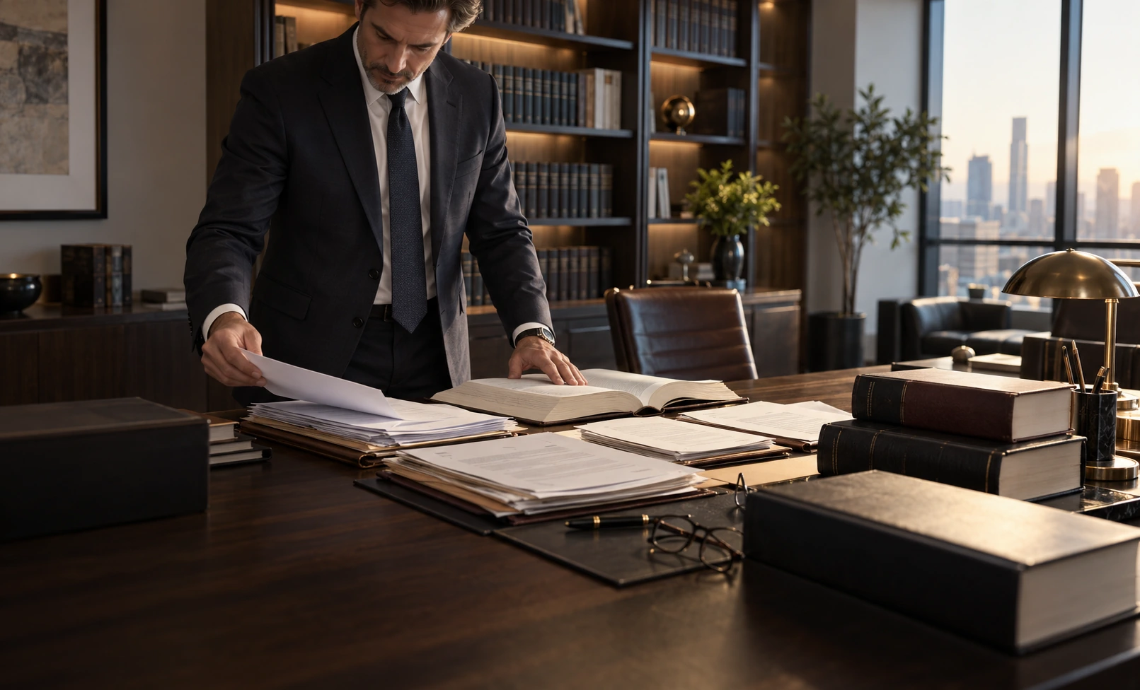 Lawyer reviewing case documents and legal reference materials