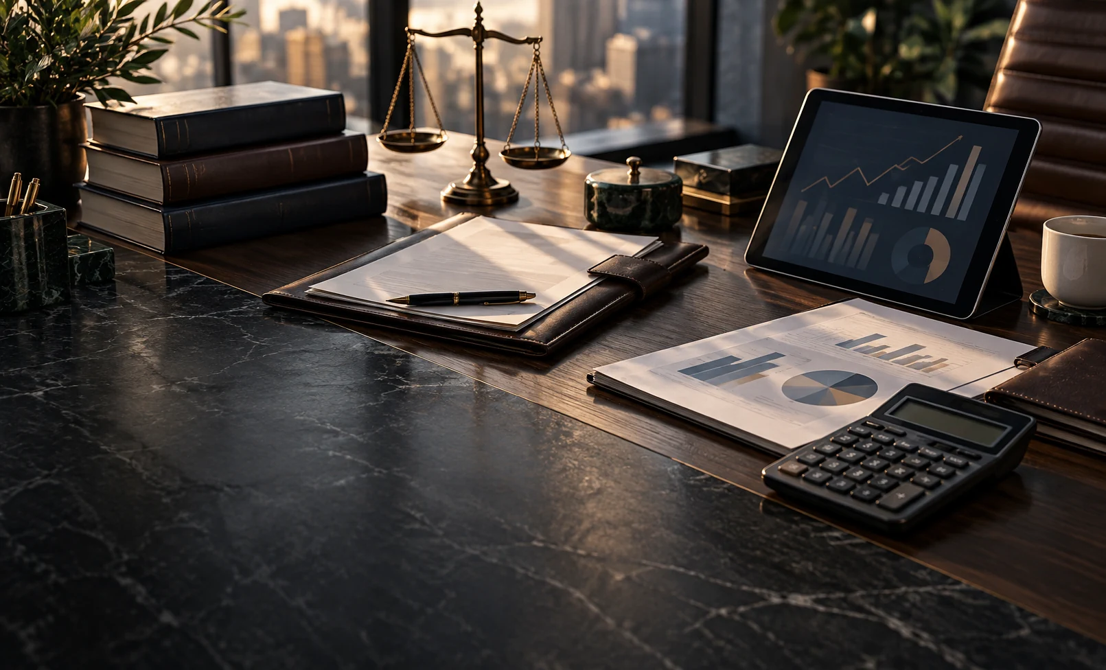 Professional workspace with legal and financial planning materials