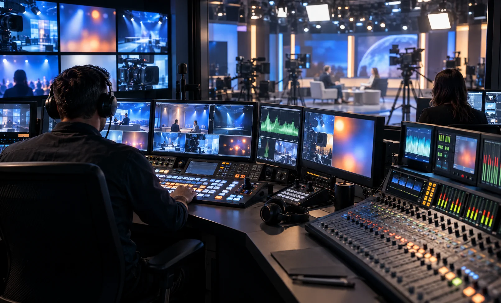 Professional broadcast control room overlooking a media production studio