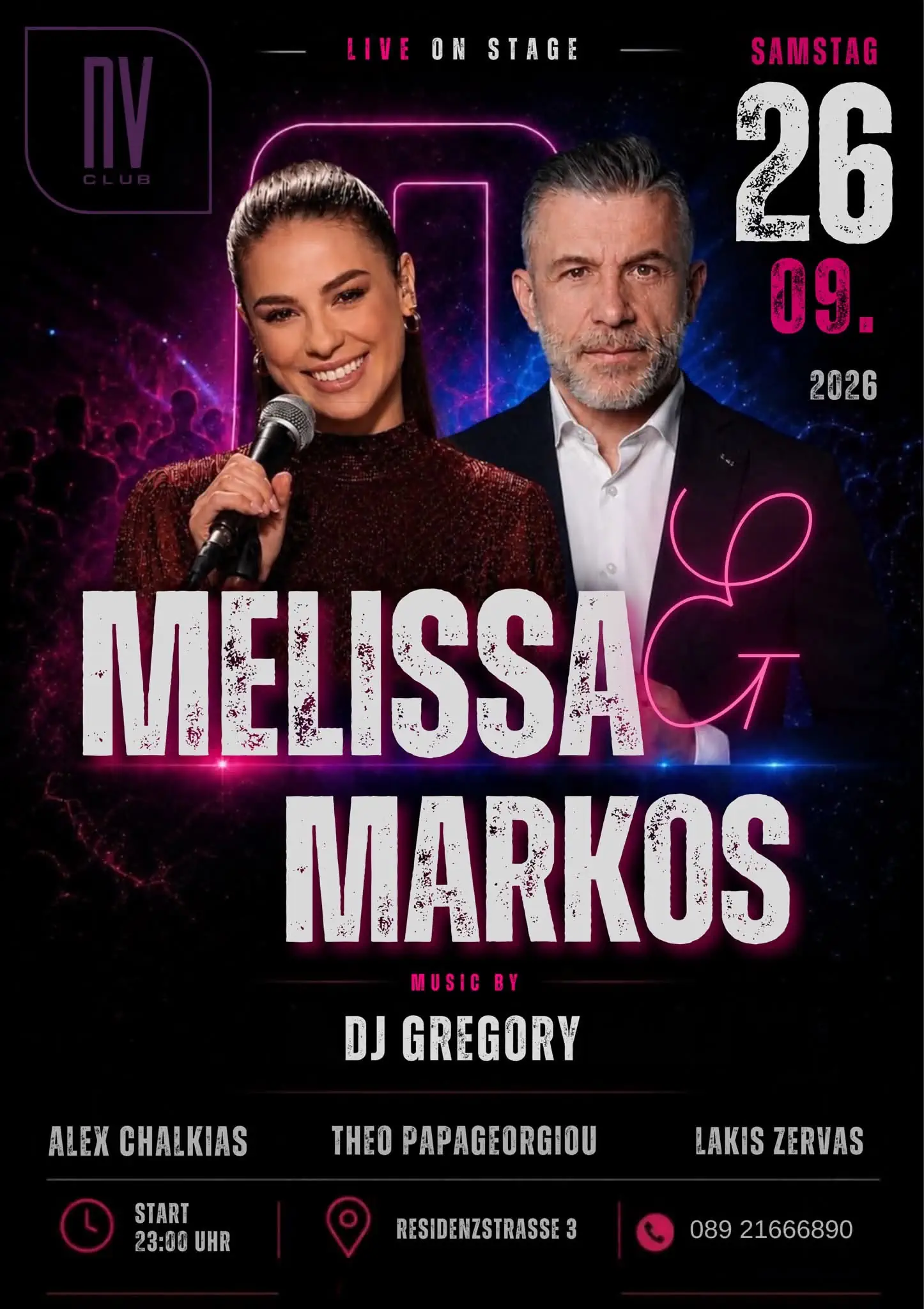 Event poster for Melissa and Markos live at IV Club in Munich on September 26, 2026