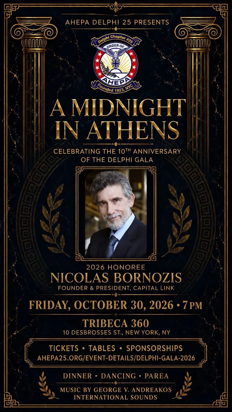 Poster for A Midnight in Athens Delphi Gala in New York on October 30, 2026