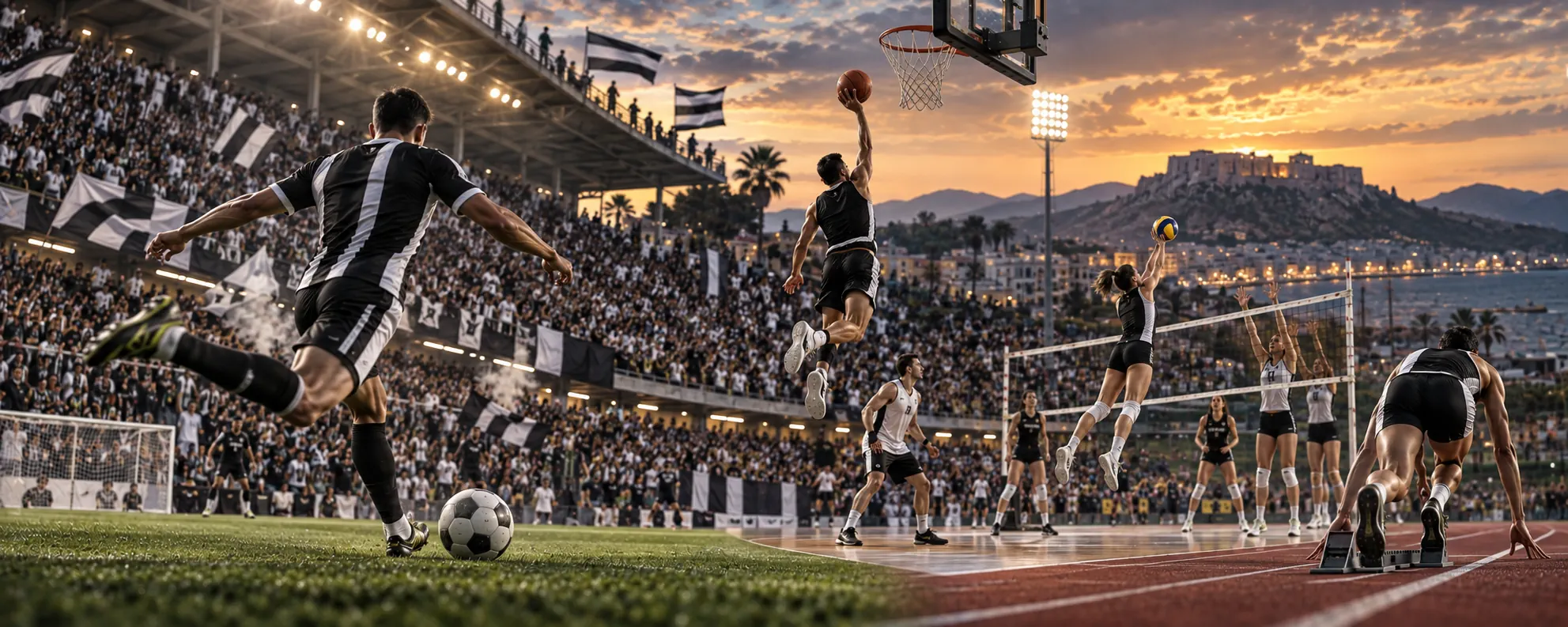 AI-generated OFI sports cover with black and white supporters and athletes from multiple sports