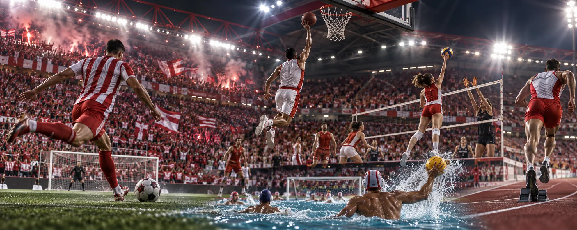 AI-generated Olympiacos sports cover with red and white supporters and athletes from multiple sports