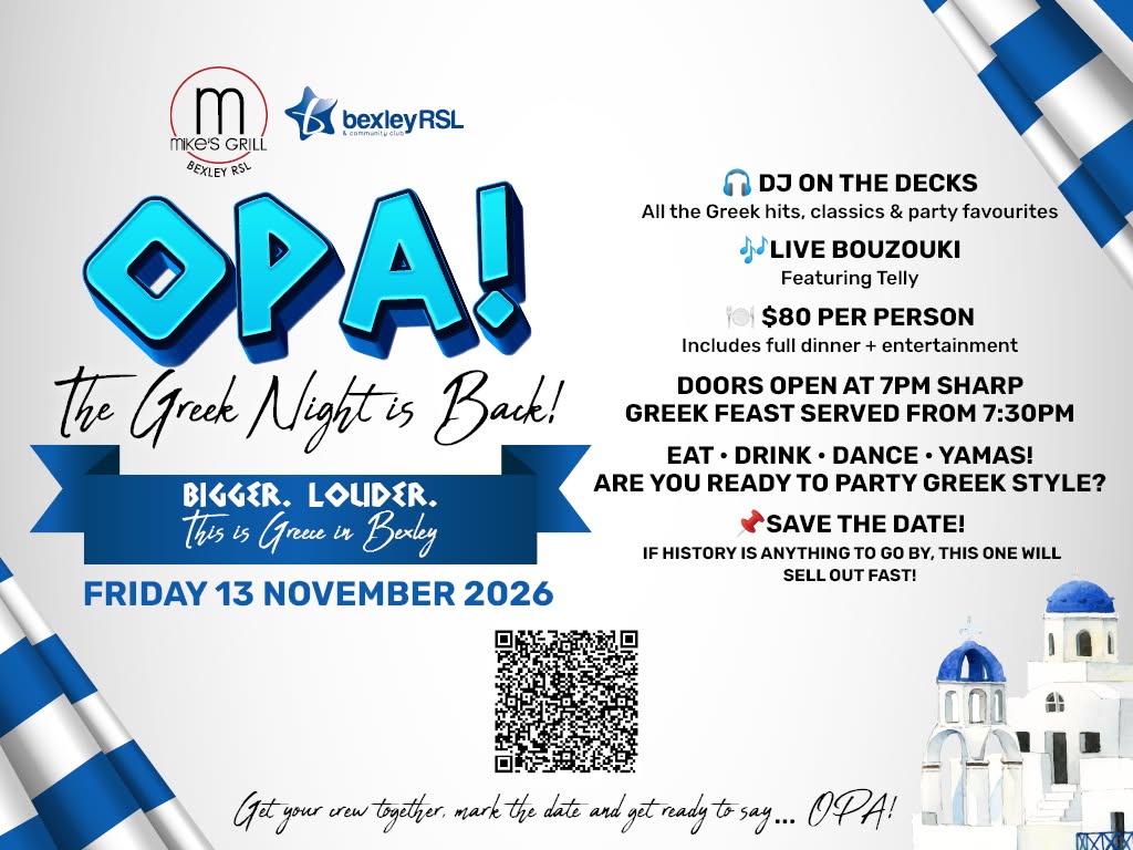 Poster for OPA! Greek Night at Mike's Grill at Bexley RSL on November 13, 2026