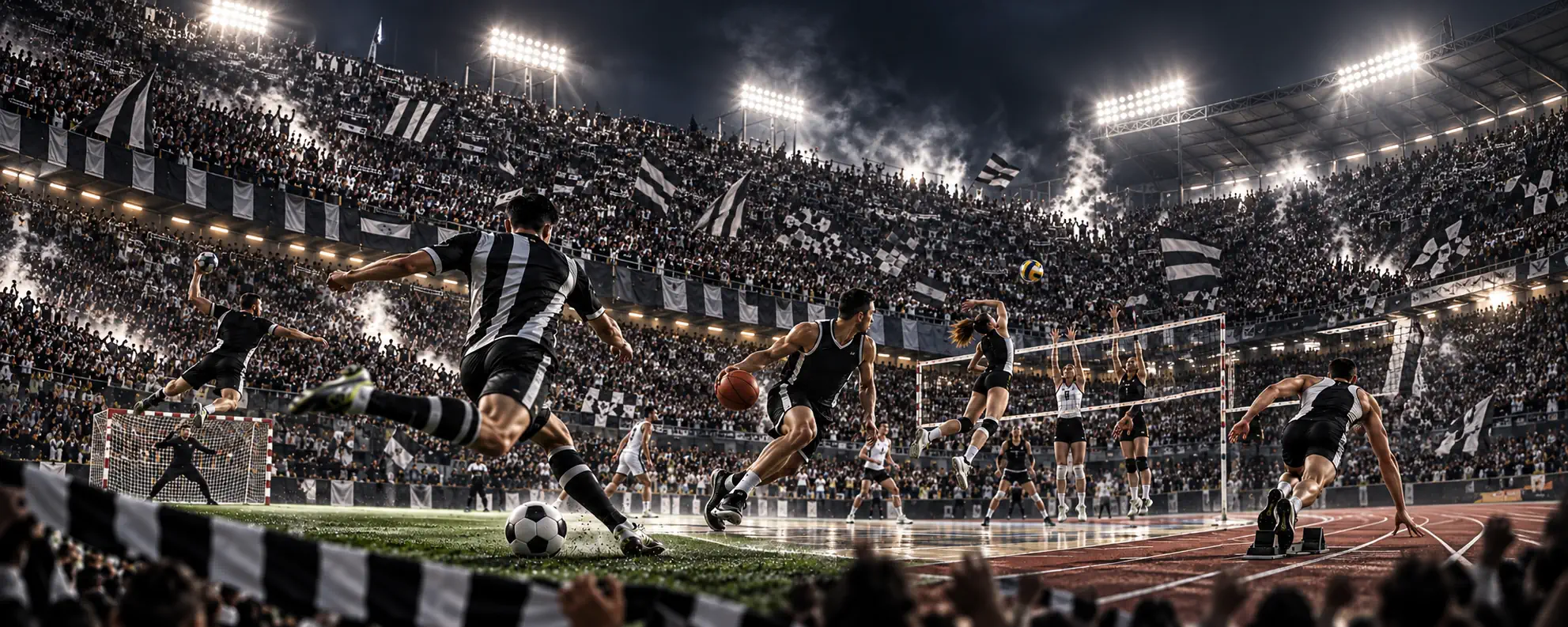 AI-generated PAOK sports cover with black and white supporters and athletes from multiple sports