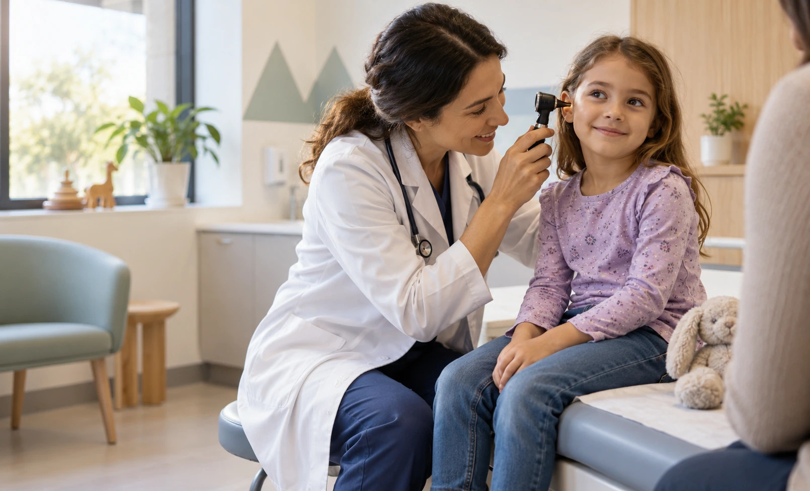 Female pediatrician gently examining a young child's ear