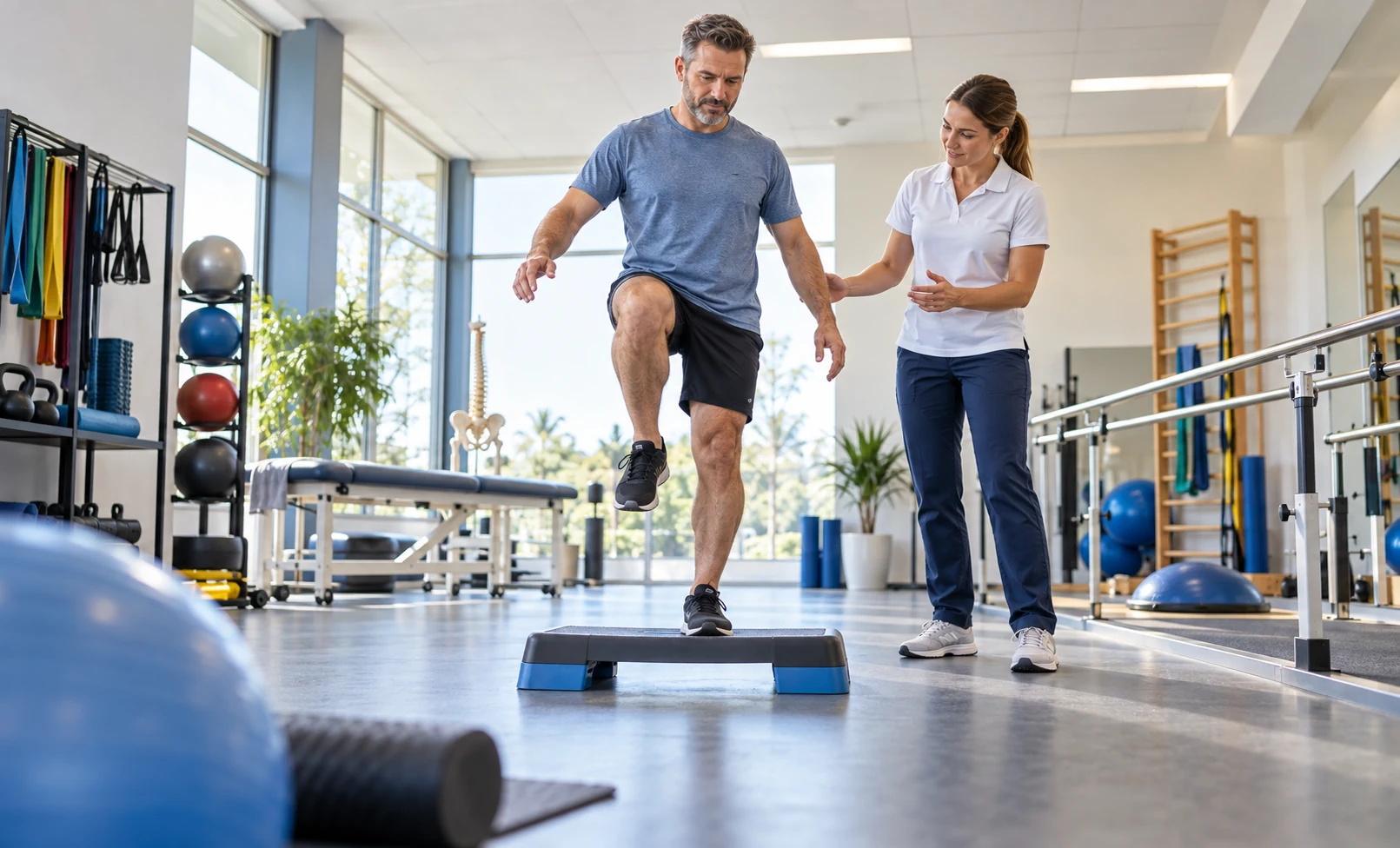 Physiotherapist guiding a patient through a rehabilitation and mobility exercise