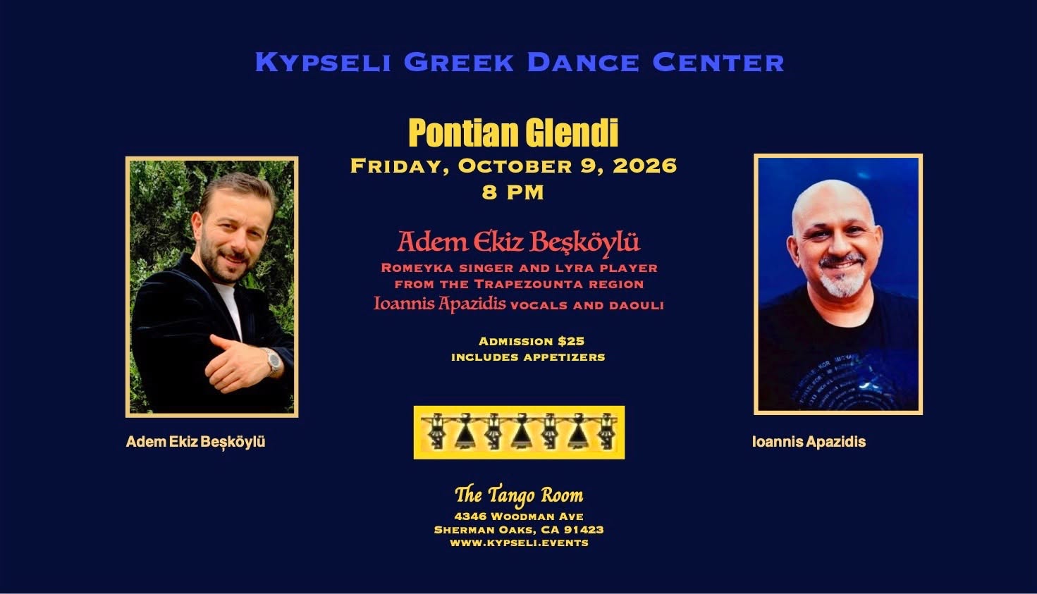 Poster for the Pontian Glendi in Sherman Oaks on October 9, 2026, featuring Adem Ekiz Beşköylü and Ioannis Apazidis