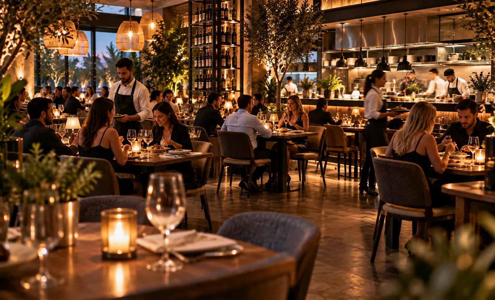Atmospheric restaurant during dinner service with diners and prepared dishes