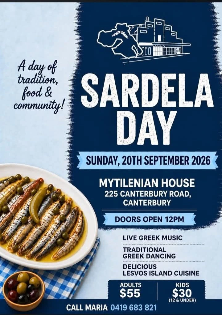 Sardela Day at Mytilenian House in Canterbury with Lesvos cuisine, live Greek music and traditional dancing on September 20, 2026