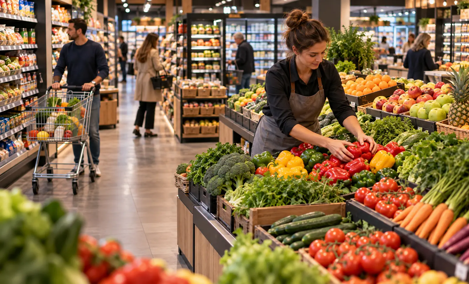 Grocery store with fresh produce, shoppers and an employee stocking displays