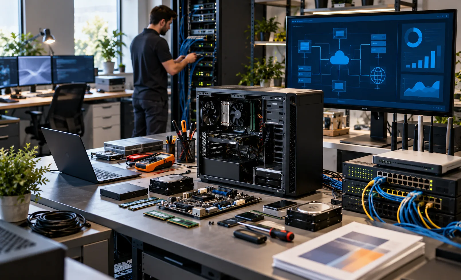 Professional technology workspace with computer, networking and electronic equipment
