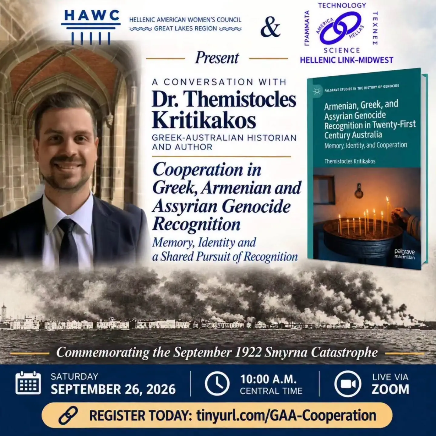 Poster for the September 26, 2026 online presentation with historian Dr. Themistocles Kritikakos on Greek, Armenian and Assyrian genocide recognition