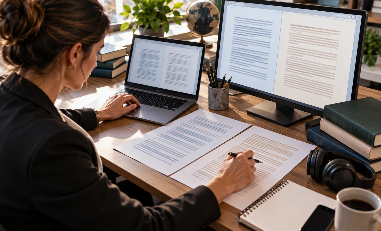 Professional translator comparing source and translated documents at a workspace