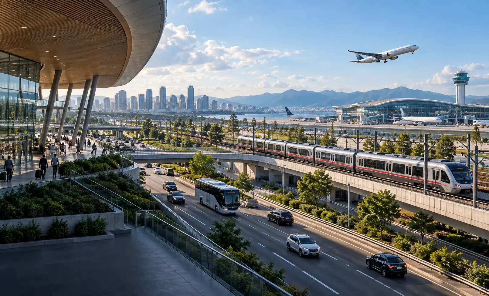 Integrated transport hub with road, rail and air travel