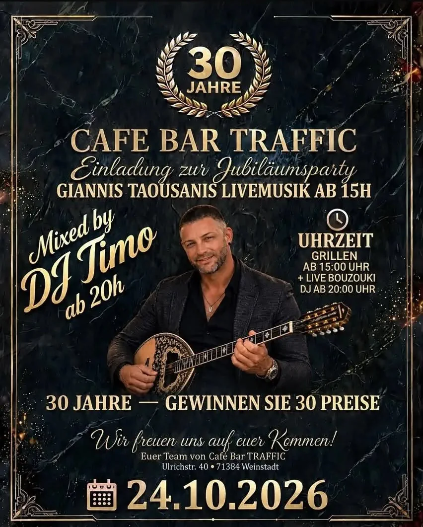 Official poster for the Café Bar Traffic 30th anniversary celebration in Weinstadt on October 24, 2026