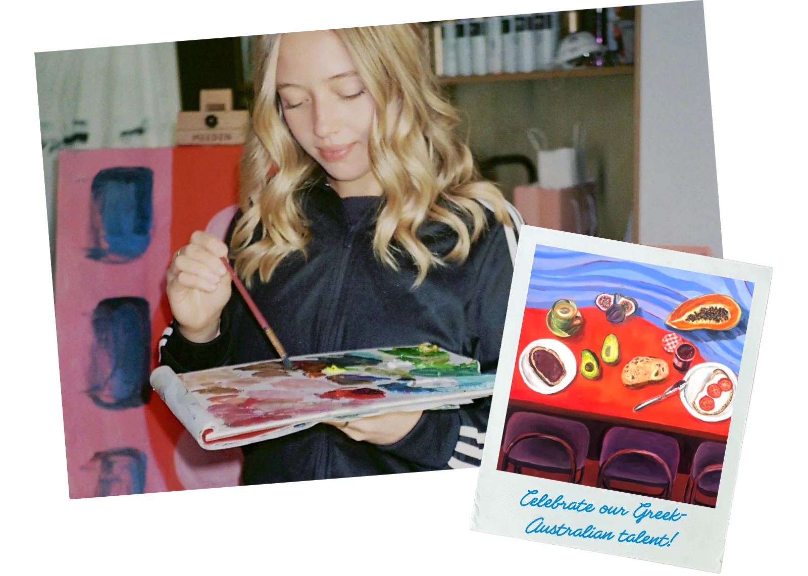 Artist painting with a colourful still life artwork for the Greek-Australian Artists on Show exhibition in Canberra