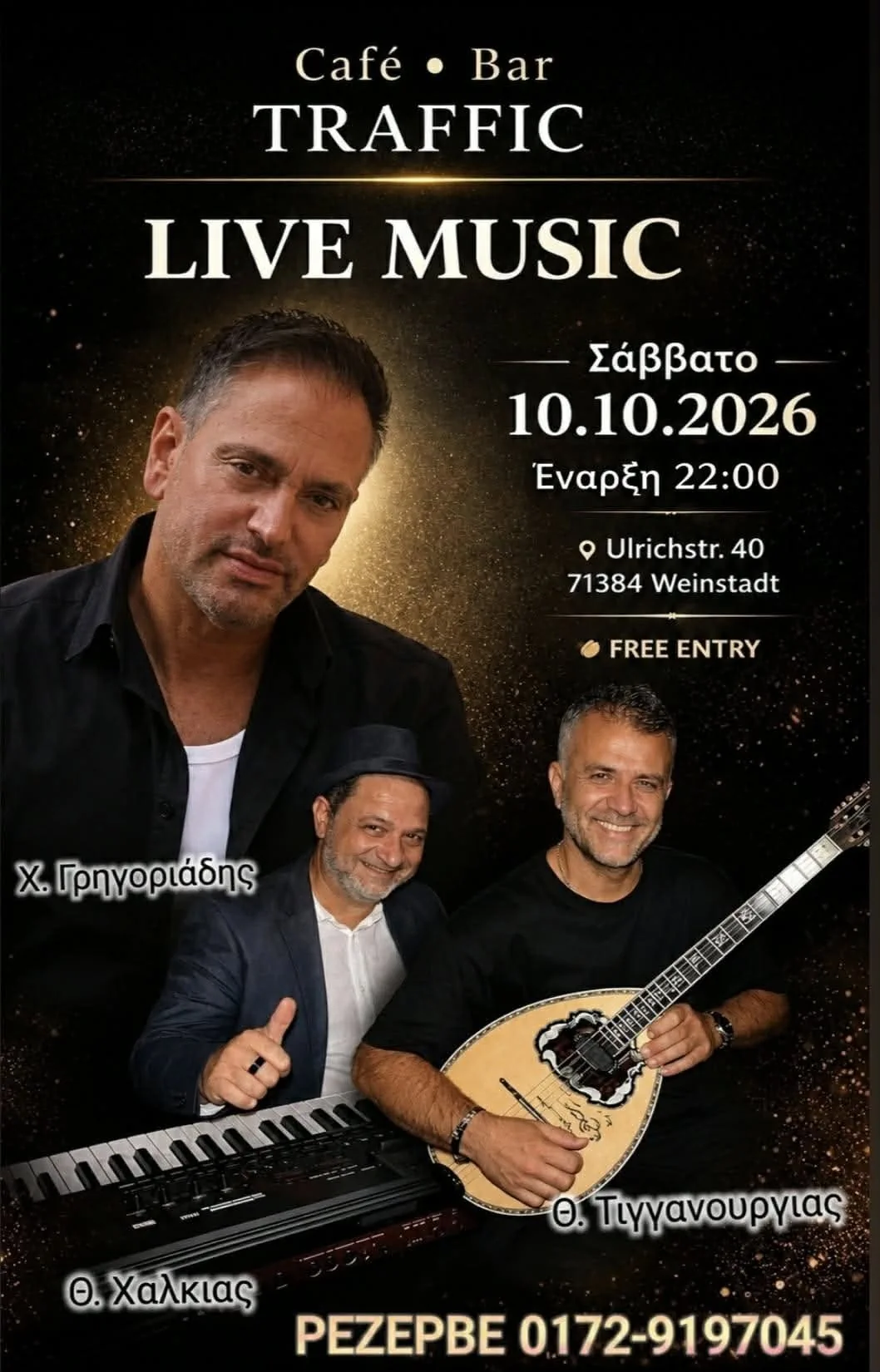 Official poster for Greek live music at Café Bar Traffic in Weinstadt on October 10, 2026