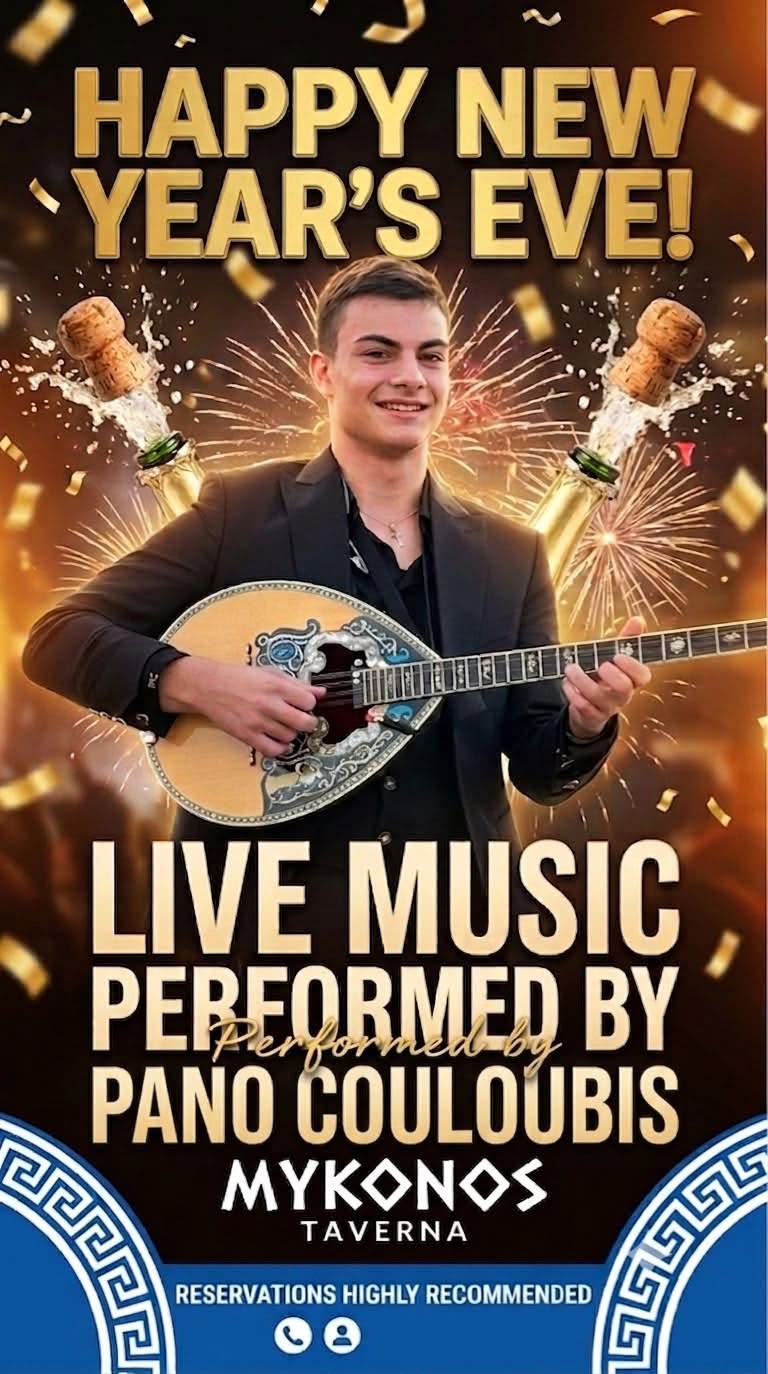 Poster for Greek New Year's Eve at Mykonos Taverna in Cape Town with live bouzouki by Pano Couloubis