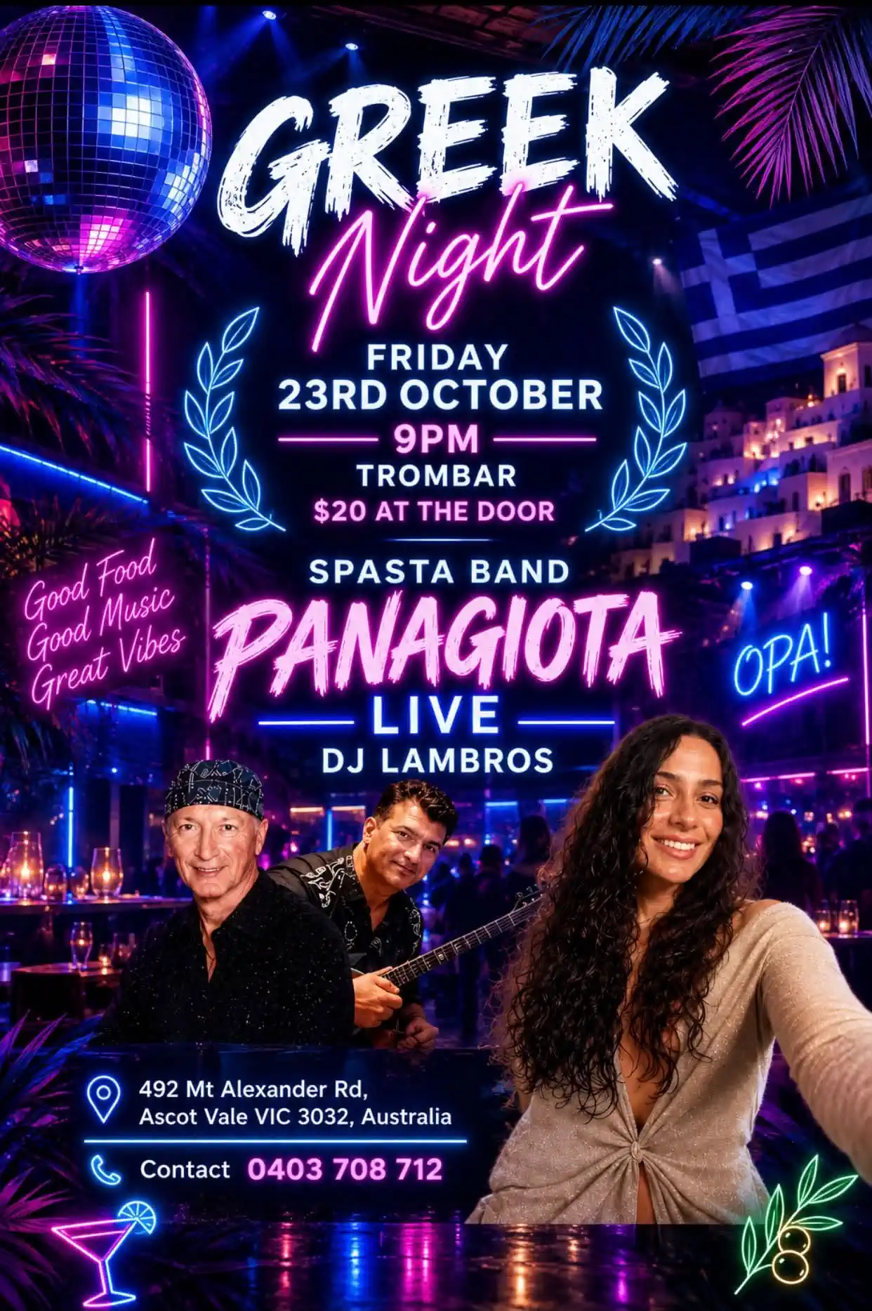 Official poster for Greek Night with Panagiota at Trombar in Ascot Vale on October 23, 2026