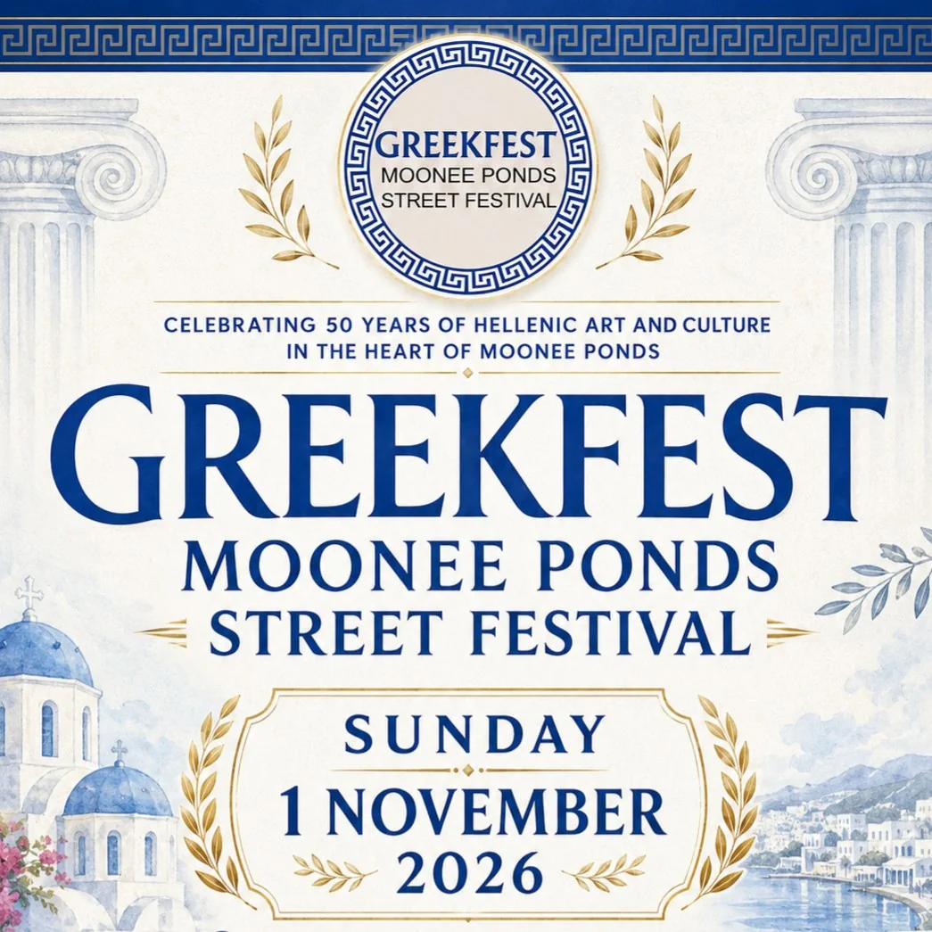 Official poster for Greekfest Moonee Ponds Street Festival 2026 celebrating 50 years of Hellenic art and culture