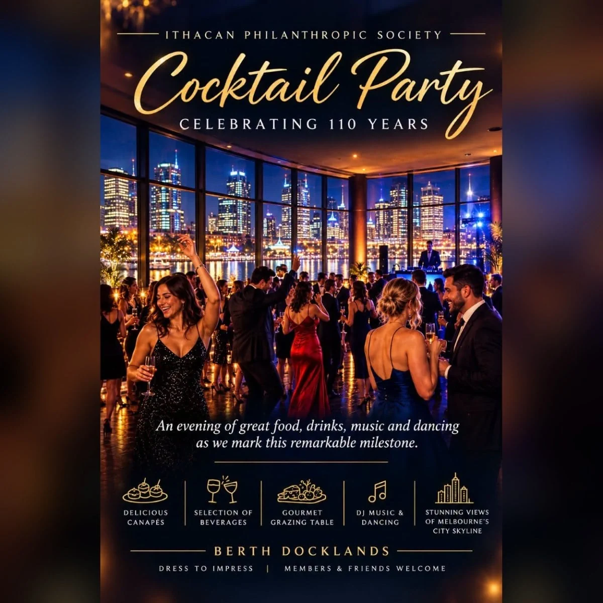 Promotional poster for the Ithacan Philanthropic Society 110 Year Cocktail Party in Melbourne