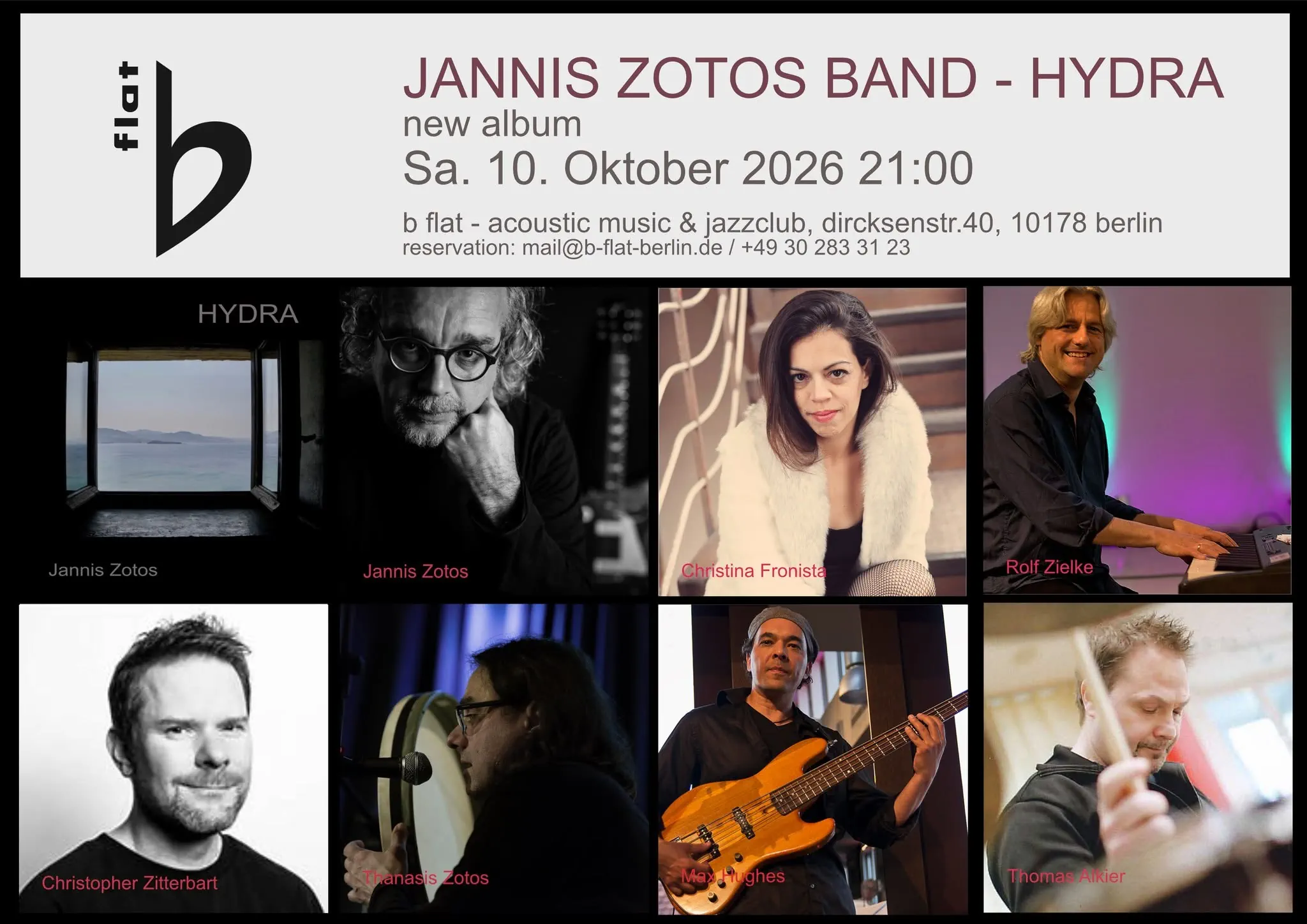 Poster for Jannis Zotos Band presenting the new album Hydra in Berlin on October 10, 2026