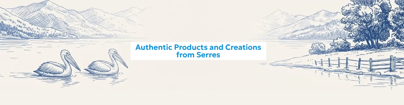 Illustrated Serres landscape with mountains, lake and pelicans promoting authentic products and creations from Serres