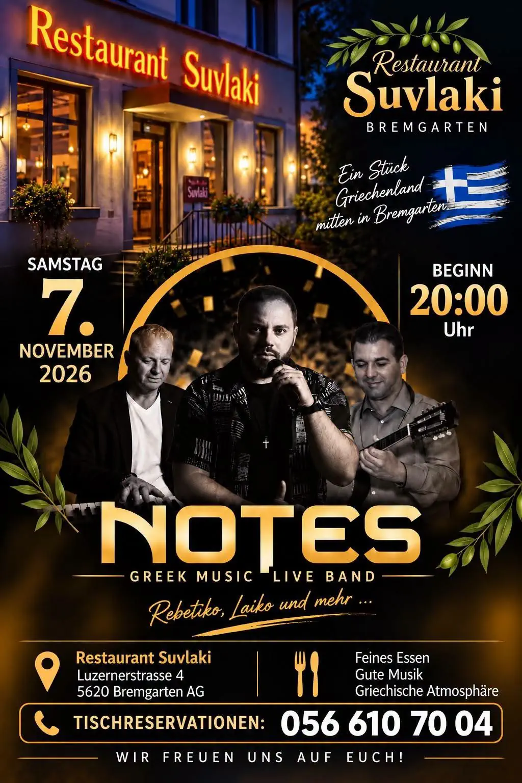 Poster for NOTES Greek Music Live at Restaurant Suvlaki in Bremgarten on November 7, 2026