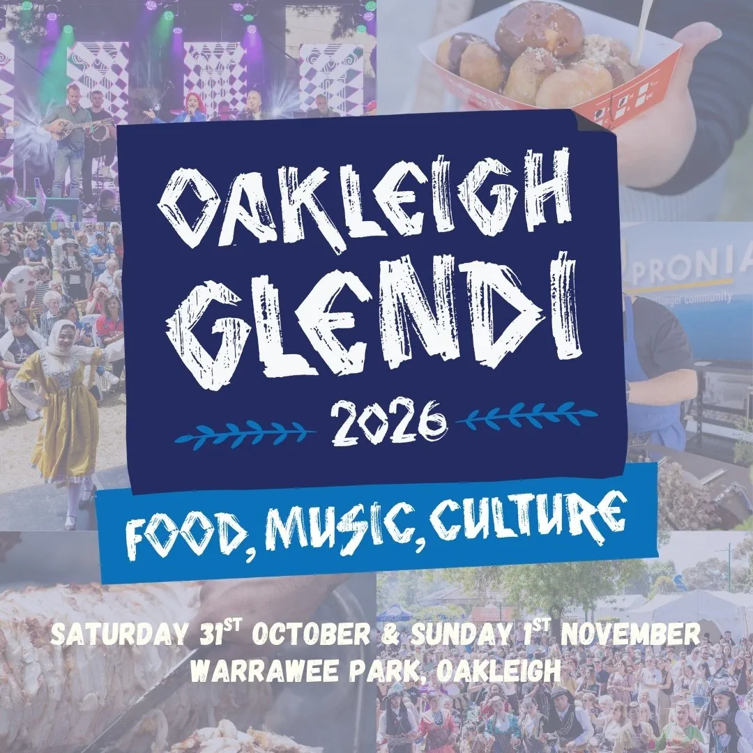 Official Oakleigh Glendi 2026 poster promoting Greek food, music and culture at Warrawee Park in Oakleigh
