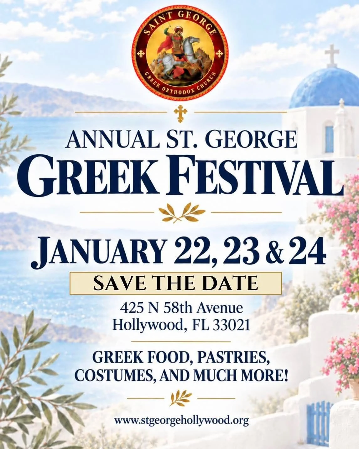 Poster for the Annual St. George Greek Festival in Hollywood, Florida, from January 22 to 24, 2027