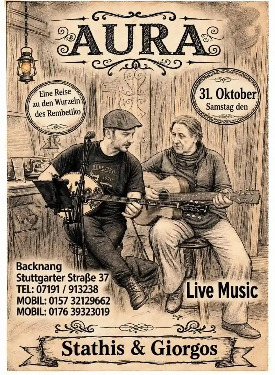 Official poster for Stathis and Giorgos performing rebetiko live in Backnang on October 31, 2026